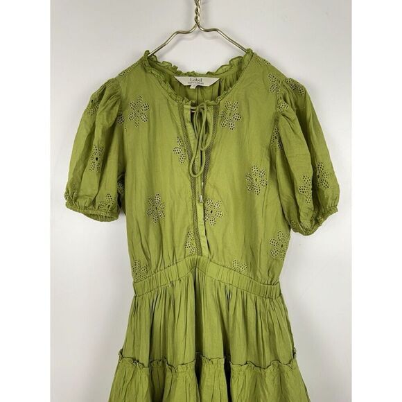 LABEL RITU KUMAR GREEN SOLID TIE UP SHORT DRESS Size Small Puff Sleeve - Picture 9 of 12